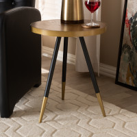 Baxton Studio RS410-W-ET Lauro Modern and Contemporary Round Walnut Wood and Metal End Table with Two-Tone Black and Gold Legs